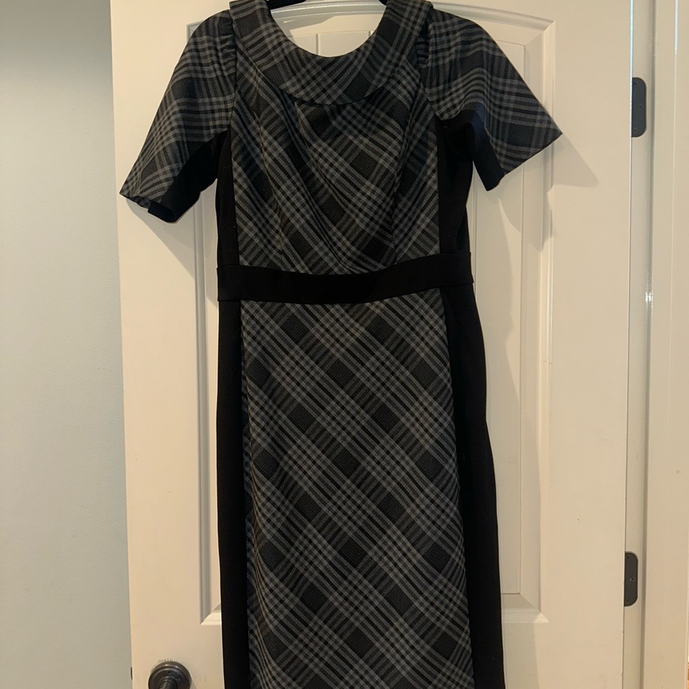 White House Black Market Black and Gray Plaid Midi Sheath Dress